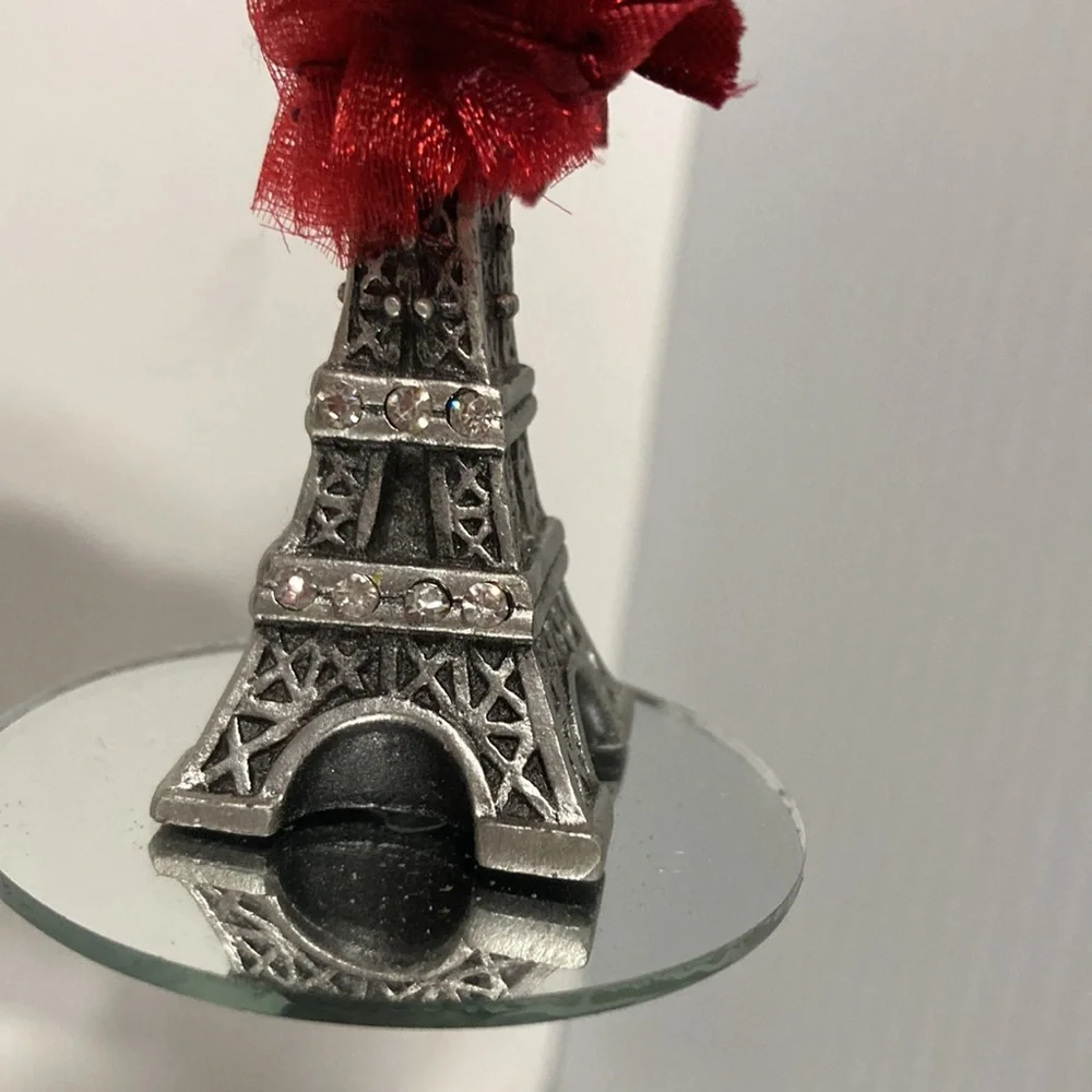 EIFFEL TOWER Wine Glass Candle Holder with Candle and Red Ribbon 4.5 inches